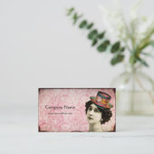 ティーカップの帽子の名刺を持つヴィンテージの女性 名刺 (スタンド正面)