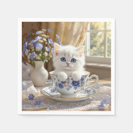 ティーカップの白い子猫 スタンダードカクテルナプキン (正面)
