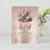 ティーカップの花 キラキラ ローズゴールド 100周年 招待状 (スタンド正面)