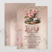ティーカップの花 キラキラ ローズゴールド 100周年 招待状 (正面/裏面)