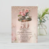 ティーカップの花 キラキラ ローズゴールド 50歳の誕生日 招待状 (スタンド正面)