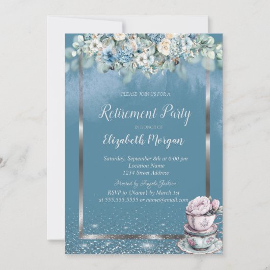 ティーカップほこりっぽい青い花 招待状 (正面)