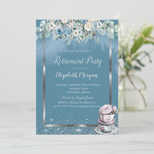 ティーカップほこりっぽい青い花 招待状 (スタンド正面)