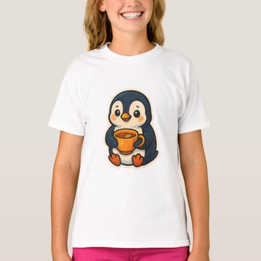 ティーカップを持つかわいいペンギン Tシャツ (正面)