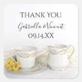 ティーカップイエローデイジー結婚ズサンキューメッセージカード スクエアシール (正面)
