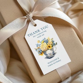 ティーカップイエローブルーフラワーズ100誕生日 ギフトタグ