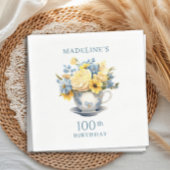 ティーカップイエローブルーフラワーズ100誕生日 スタンダードランチョンナプキン