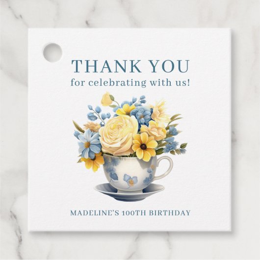 ティーカップイエローブルーフラワーズ100誕生日 フェイバータグ (正面)