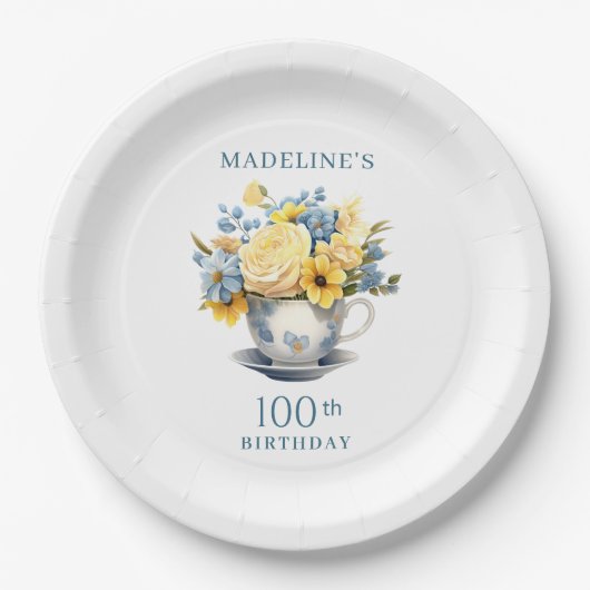 ティーカップイエローブルーフラワーズ100誕生日 ペーパープレート (正面)