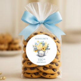 ティーカップイエローブルーフラワーズ100誕生日 ラウンドシール