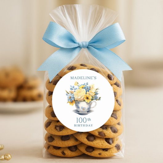 ティーカップイエローブルーフラワーズ100誕生日 ラウンドシール