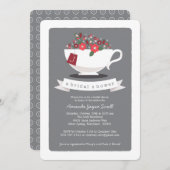 ティーカップコーラルフローラモノグラムブライダルシャワー 招待状 (正面/裏面)
