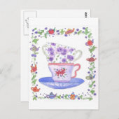 ティーカップスタックティータイムウォーターカラーフラワー ポストカード (正面/裏面)