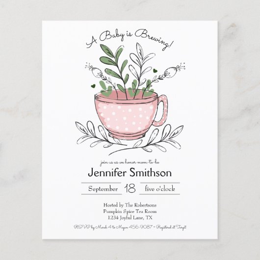 ティーカップティーパーティー赤ちゃんシャワー予算招待状 (正面)