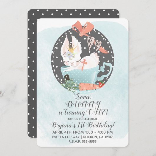 ティーカップバニーラビットウォーターカラーバースデーパーティー 招待状 (正面/裏面)