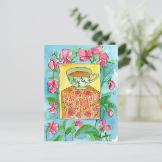 ティーカップピンク甘いエンドウの花の水色 ポストカード (スタンド正面)