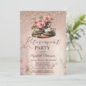 ティーカップフラワーズグリッターバラ金ゴールド退職パーティー 招待状 (スタンド正面)