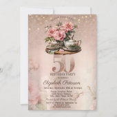 ティーカップフラワーズグリッターバラ金ゴールド50誕生日 招待状 (正面)