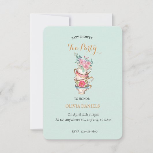 ティーカップフローラベビーシャワーティーパーティの招待状 招待状 (正面)