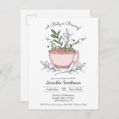 ティーカップフローラ手描き紅茶パーティーベビーシャワー インビテーションポストカード (正面/裏面)