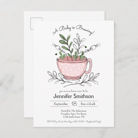ティーカップフローラ手描き紅茶パーティーベビーシャワー インビテーションポストカード (正面/裏面)