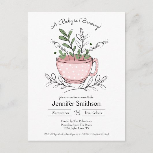 ティーカップフローラ手描き紅茶パーティーベビーシャワー インビテーションポストカード (正面)