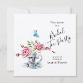 ティーカップブライダルシャワーのピンクのバラ 招待状 (正面)