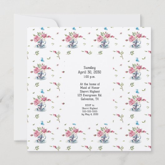 ティーカップブライダルシャワーのピンクのバラ 招待状 (裏面)