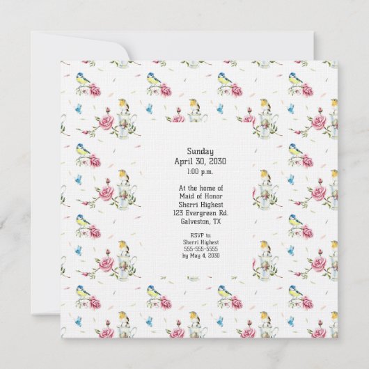 ティーカップブライダルシャワーの招待でピンクのバラ 招待状 (裏面)