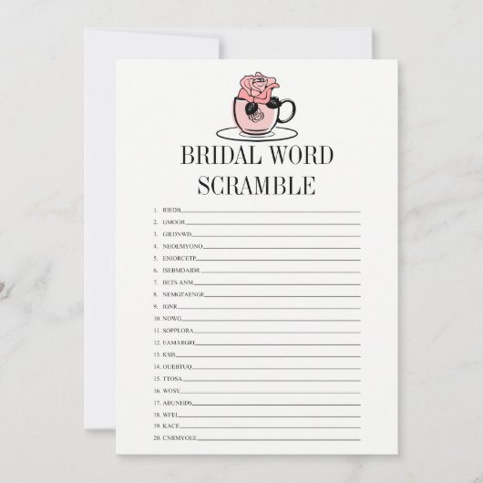 ティーカップブライダルシャワーワードスクランブルゲームカード 招待状 (正面)