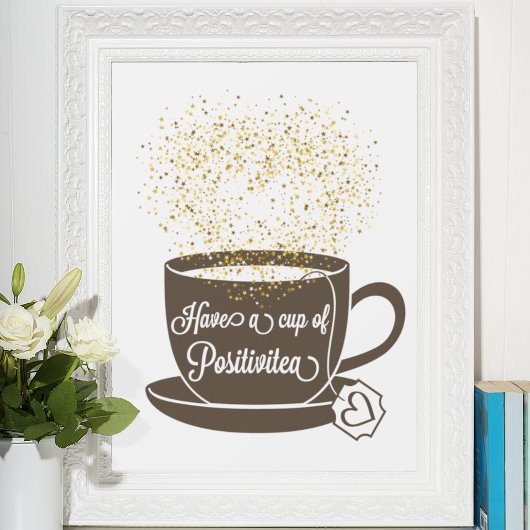 ティーカップブラウンイエロー金ゴールド感動的引用文 ポスター