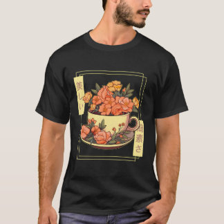 ティーカップブルーミングフラワーズジャパンヴィンテージコテージコア Tシャツ