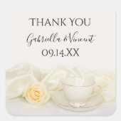 ティーカップホワイトローズ結婚ズサンキューメッセージカード スクエアシール (正面)
