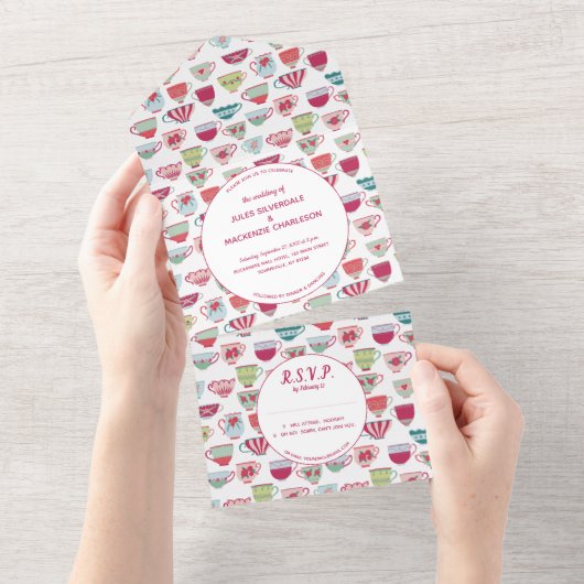 ティーカップモダンヴィンテージ結婚式 オールインワン招待状 (貼ってはがせる)