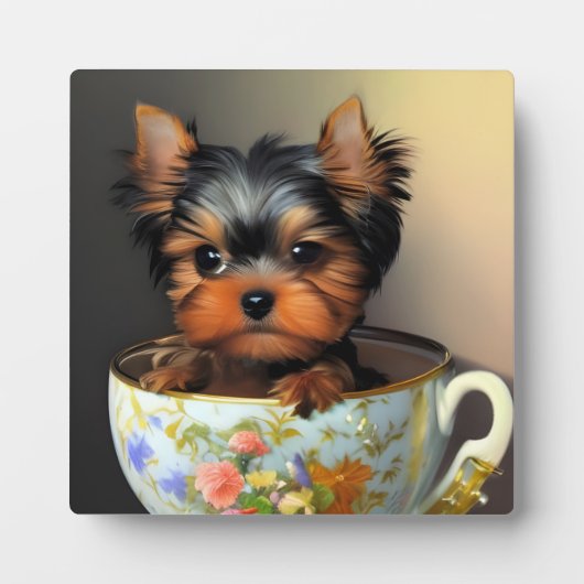 ティーカップヨークシャーテリアの卓上芸術の愛らしい芸術 フォトプラーク (正面)