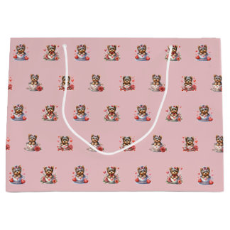 ティーカップヨークシャーテリアバレンタインデー – ピンク ラージペーパーバッグ