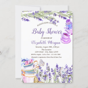 ティーカップラバンダーバタフライグリッターベビーシャワー 招待状