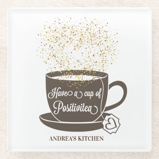 ティーカップ引用文ブラウンイエローホワイト感動的 ガラスコースター (正面)