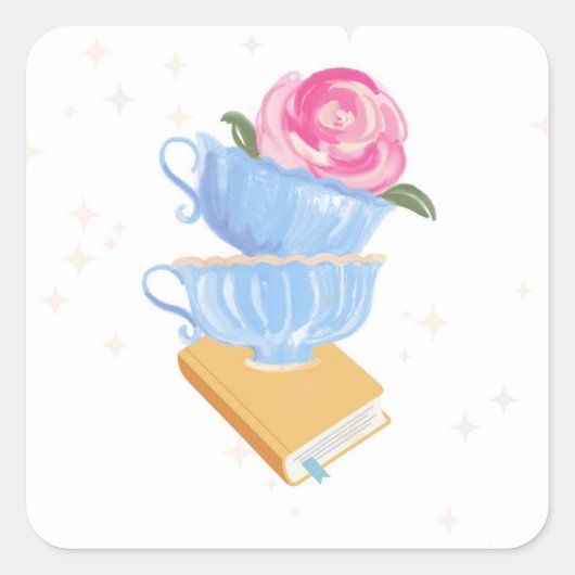ティーカップ本好きステッカー | 読書のデカール スクエアシール (正面)
