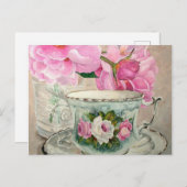 ティーカップ絵画と牡丹 ポストカード (正面/裏面)