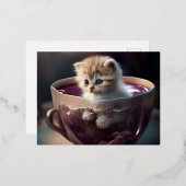 ティーカップ葉書デザイン1のかわいい子猫 箔シーズンポストカード (正面/裏面)