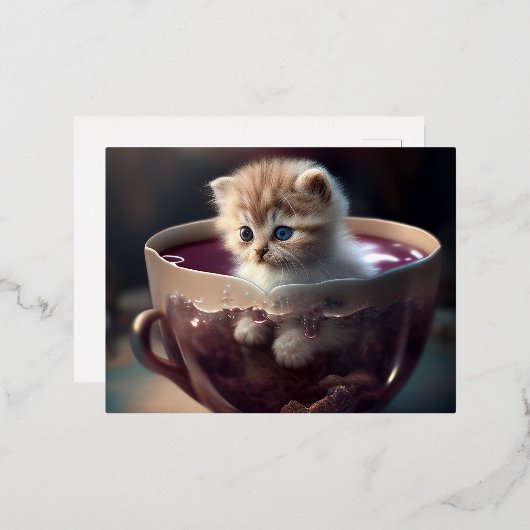ティーカップ葉書デザイン1のかわいい子猫 箔シーズンポストカード (正面/裏面)