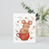 ティーカップ誕生日の可愛い水色マウス ポストカード (スタンド正面)