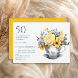 ティーカップ 黄色 青色 花 50歳の誕生日 招待状