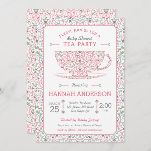 ティーカレースのようップ赤ちゃんシャワーピンクティーパーティの招待状 招待状 (正面/裏面)