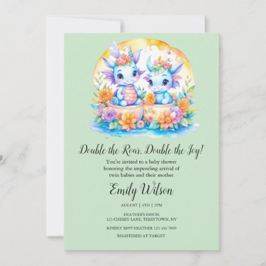 ティーグリーンレインボーフローラドラゴンズ双生児シャワー 招待状 (正面)