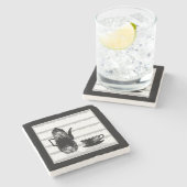 ティーコーヒーポットカップ白黒イラストレーションレトロ ストーンコースター (横)