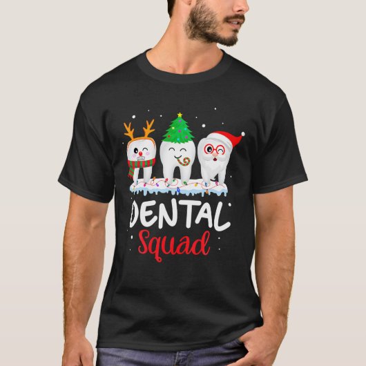 ティースおもしろいサンタトナカイのクリスマス歯科分隊 Tシャツ (正面)