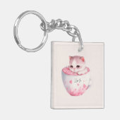 ティースカップでかわいい白ピンクの猫(3) キーホルダー (正面左)