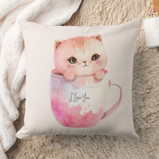 ティースカップでかわいい白ピンクの猫(3) クッション (ブランケット)